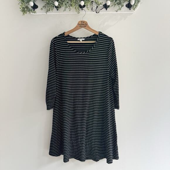 Garnet Hill Black White Striped Round Neck Elbow Sleeve Shirt Dress Large 6-6984 - Picture 1 of 3